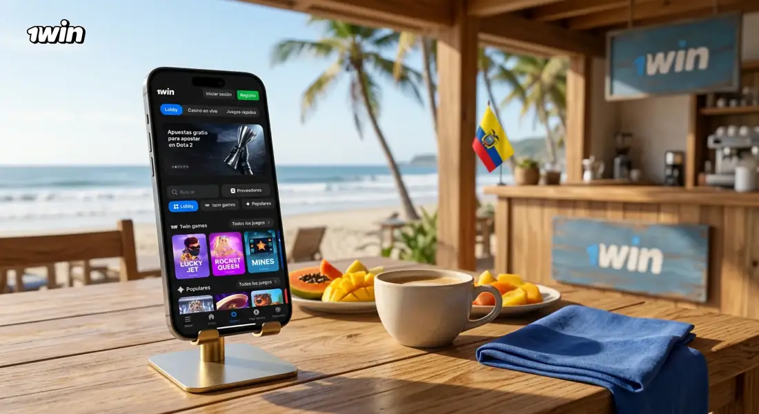 Celular con el casino de 1win en un soporte sobre una mesa de playa con café y frutas, junto a la bandera de Ecuador