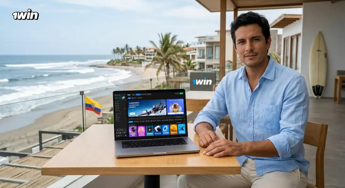 Hombre en una terraza frente a la playa con la plataforma de 1win abierta en su laptop y la bandera de Ecuador
