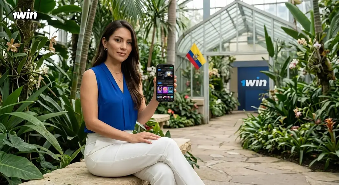 Mujer en un jardín botánico con la bandera de Ecuador que muestra 1win en su celular